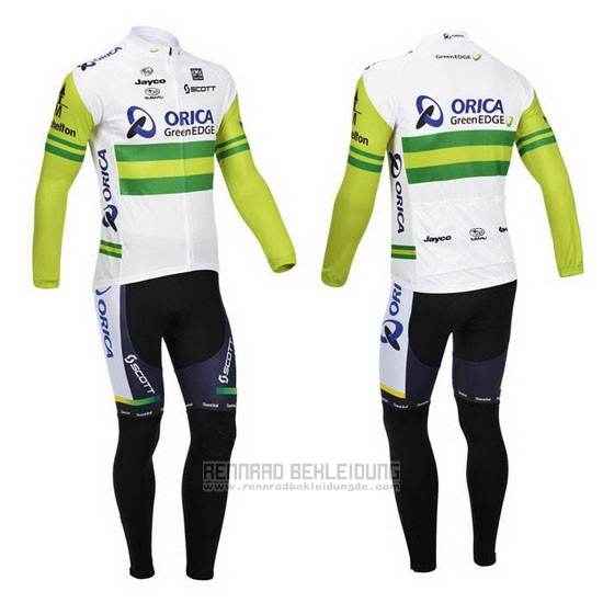 2013 Fahrradbekleidung Orica GreenEDGE Wei und Grun Trikot Langarm und Tragerhose